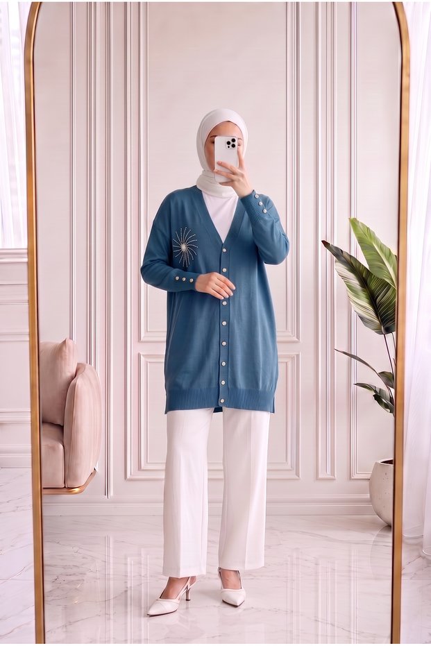 Sabifeza Güneş Taşlı Soğuk İp Hırka-Sy3362 Indigo
