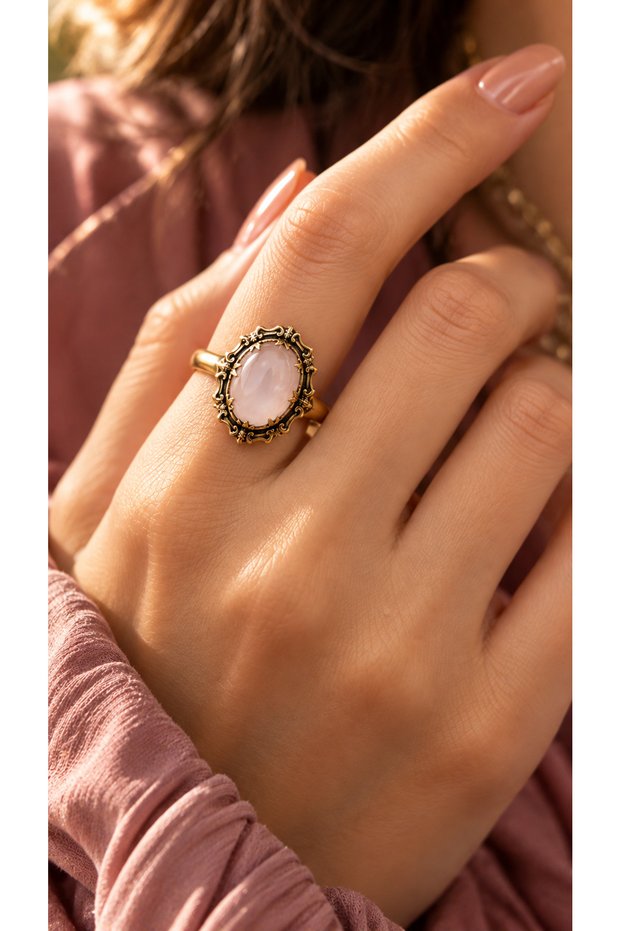 Adjustable Vintage Women's Copper Ring with Pink Quartz Natural Stone