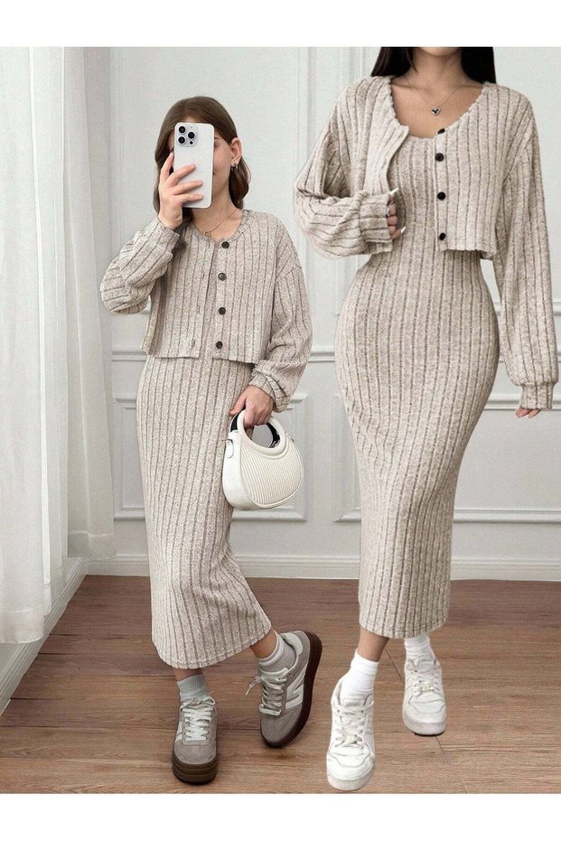 Set rochie și bolerou, bej