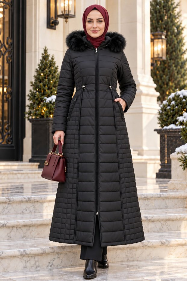 Women's Hooded Zippered Black Quilted Long Coat with Fur Inside