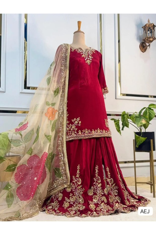 Red Chinon Silk Embroidered Sharara Suit Set - HRT10033 | Red-Size:L-40-Inches
