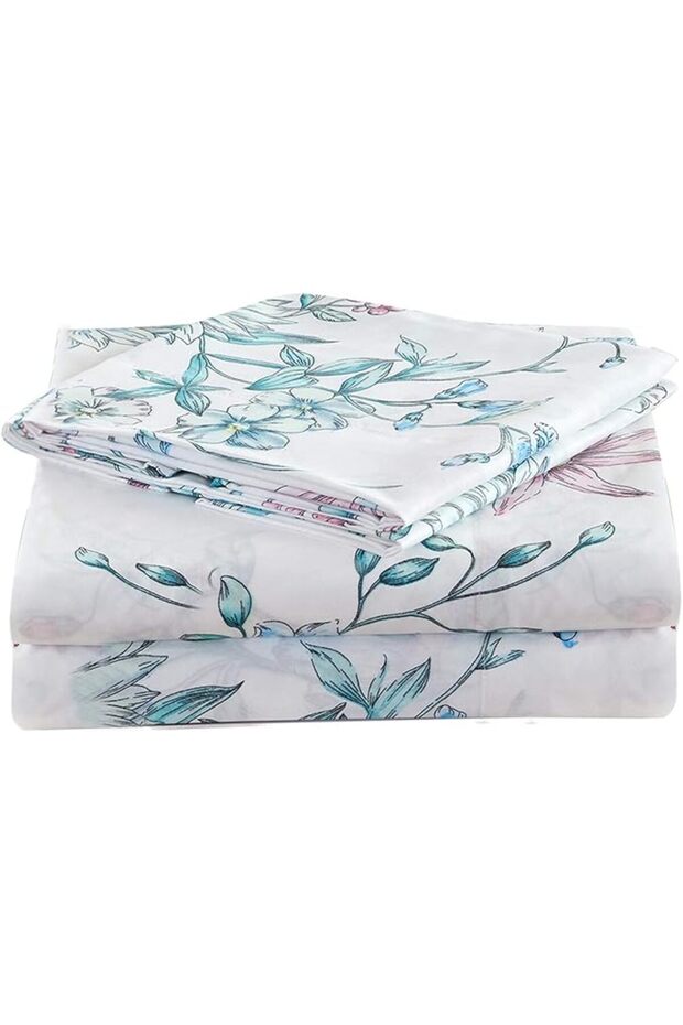 Leaves Printed Sheet Set King, 4 Piece Soft Botanical Pattern Brushed Microfiber Bedding Sheets