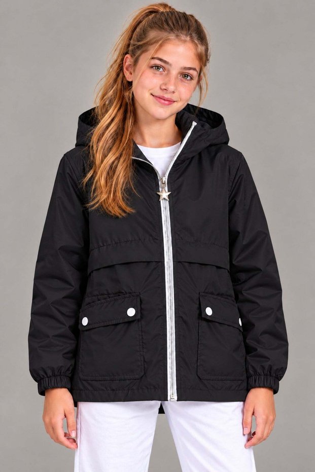 Girl's Hooded Pocketed Lined Seasonal Basic Raincoat