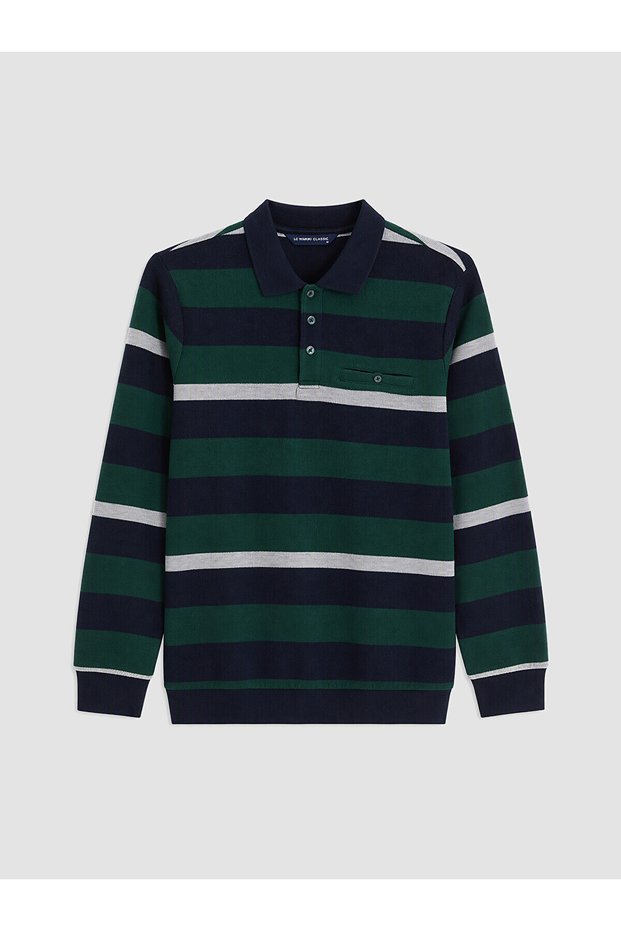 Ozmarka New Season Green Polo Collar Striped Men's Sweatshirt