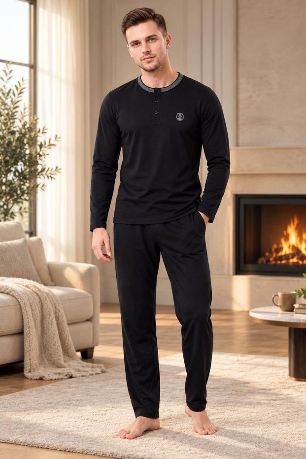 4041 Men's Buttoned Collar 100% Cotton Soft Comfortable Long Sleeve Pajama Set