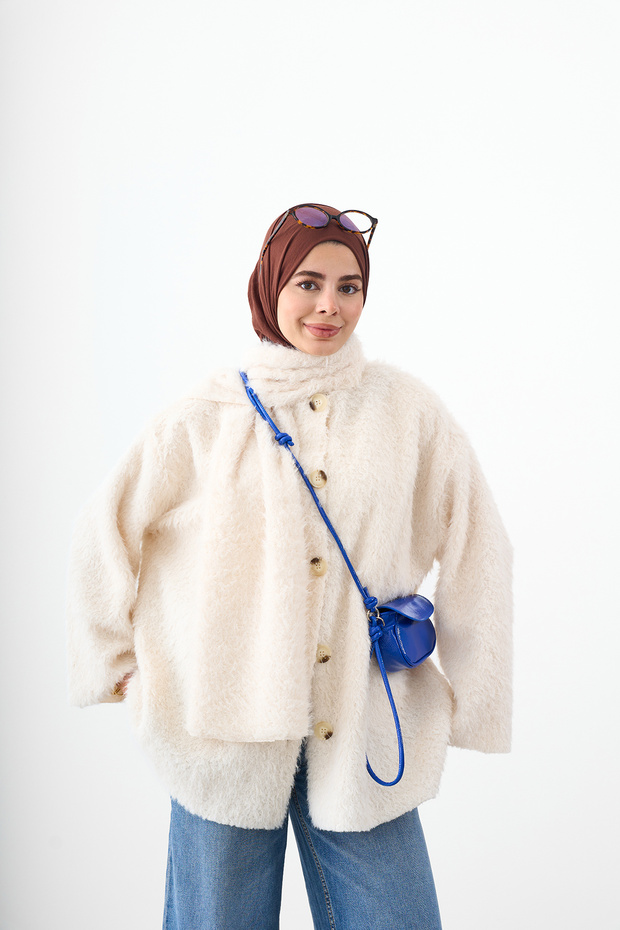 Women's Plush Detailed Shawl Knitwear Cardigan Beige