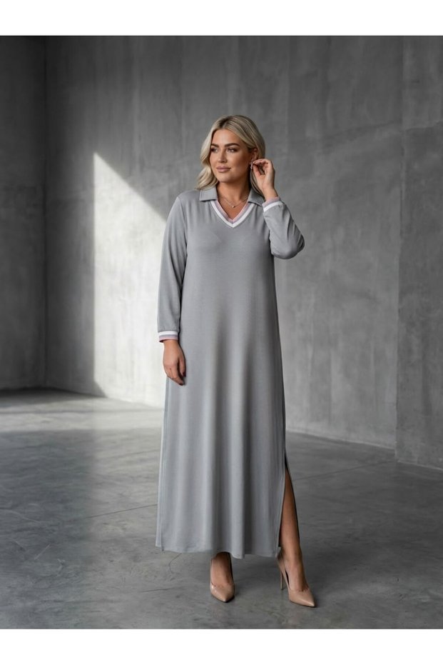 Women's Plus Size V-Neck Long Sleeve Slit Detailed Dress 5479-27
