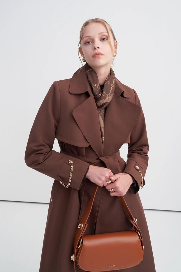 Chain Accessory Detailed Belted Brown Trench Coat 13560