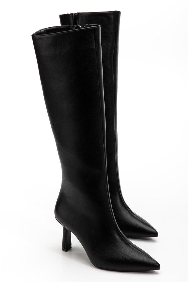 Women's Boots Black Thin Heeled Faux Leather Pointed Toe