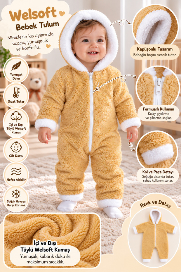 Beige-White Winter Baby Welsoft Soft Plush Zippered Baby Romper