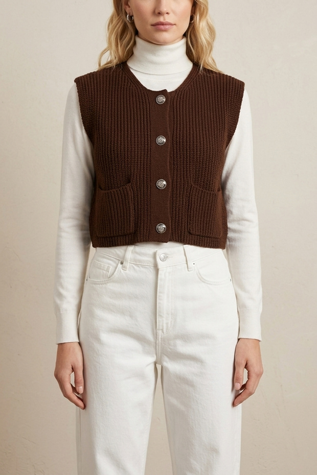 Women's Knitwear Buttoned Crop Knitwear Basic Sleeveless Cardigan
