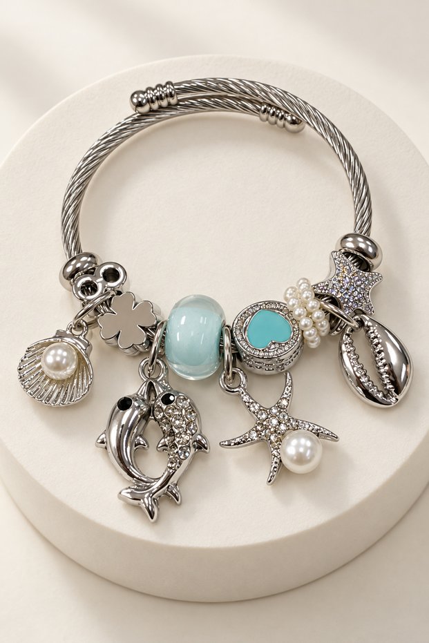Children's Boy's Sea Figured Charm Steel Bracelet – Small Size Tarnish-Resistant Stainless Dolphin Starfish Bracelet