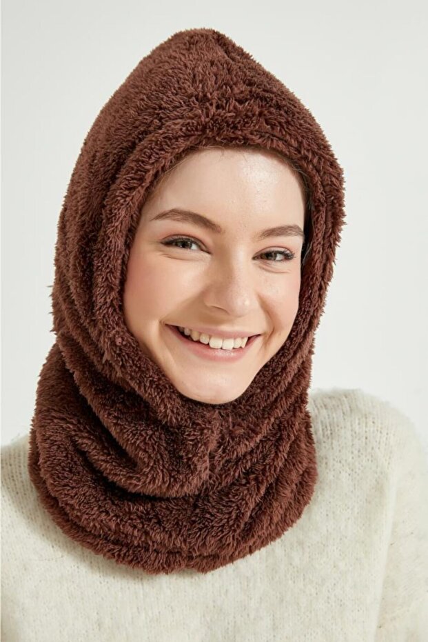Unisex Brown Fur Neck Collar Snow Hat