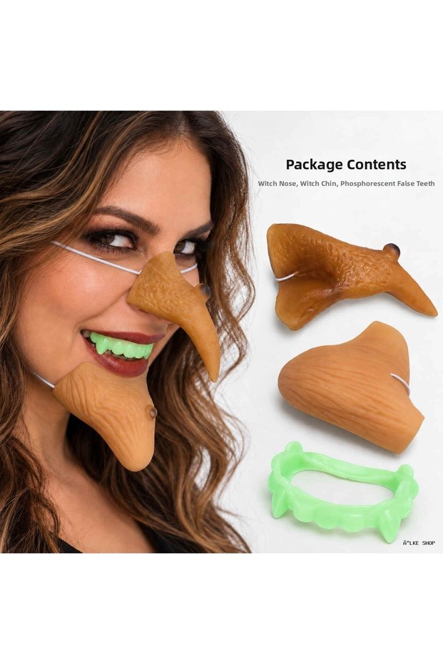 Ilkestor Elastic Witch's Nose, Witch's Chin, and Phosphorescent False Teeth Set – (192914) 3 Pieces
