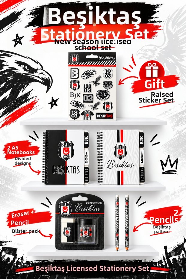 Licensed 2-Piece Pencil Set with Pencil Sharpener and Eraser, Sticker Adhesive Label, and A5 Spiarlli Squared Ruled Planner, and Bookmark Notebook Set