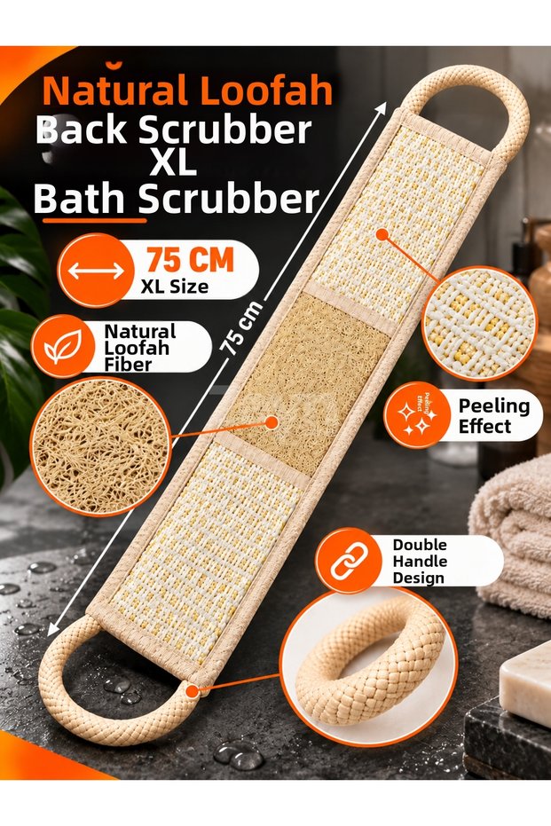 Natural Pumpkin Back Scrubber XL 75 cm – Bath and Shower Scrubber with Handle, Pumpkin Fiber Body Exfoliating Scrubber