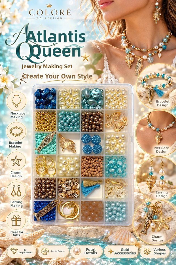Atlantis Queen 24 Compartment Jewelry Making Set – Sea-Themed Necklace Bracelet Design Kit with Pearl, Crystal, Fish, Seashell, and Starfish Charms – Includes Silicone Rubber Gift 🐚 🩵 ✨