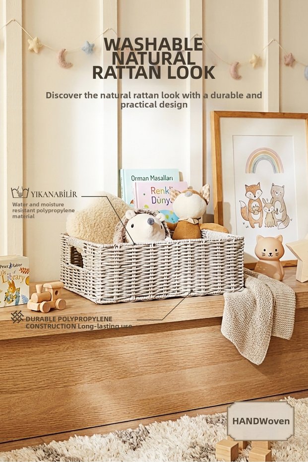 Children's Room Washable Gray Pp Rattan Closet Laundry Toy Organizer Storage Basket Organizer 36X26X12