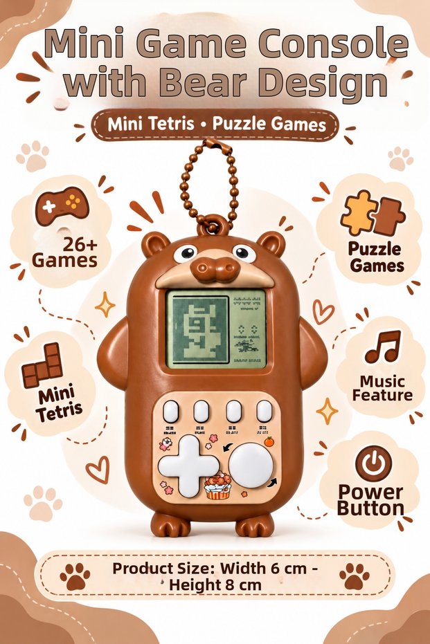 Mini Game Console with Brown Teddy Bear Design – Features 26+ Games, Mini Tetris, Puzzle Games, and Music