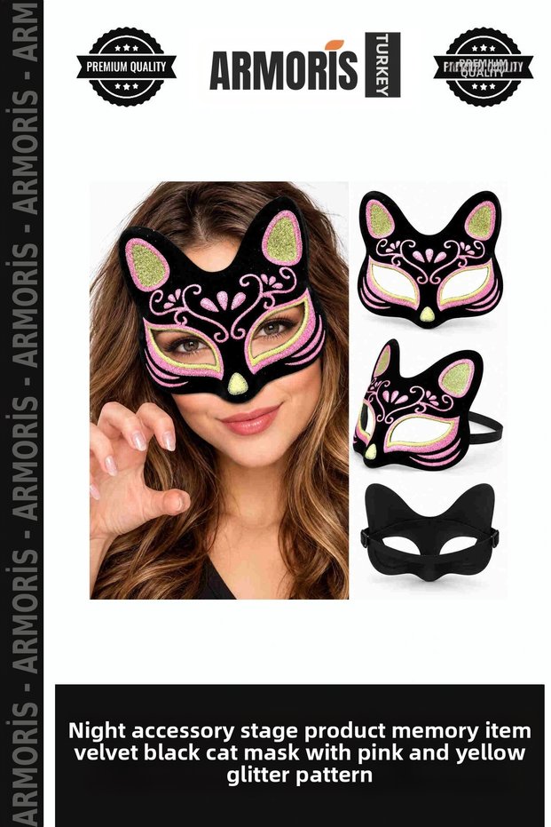 Night Accessory Stage Product Souvenir Velvet Textured Black Cat Mask Pink Yellow Glitter Patterned