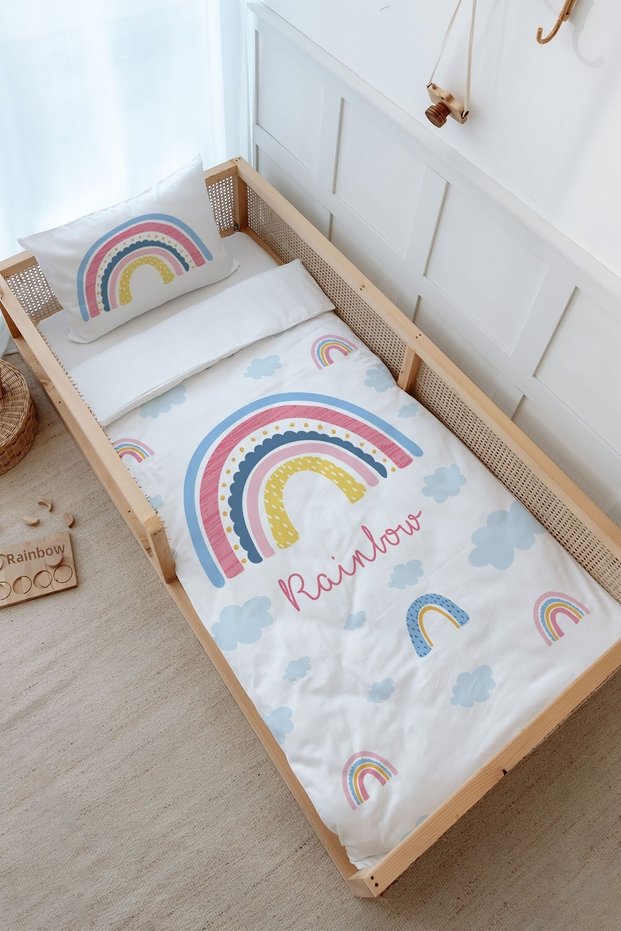 Single Duvet Cover and Fitted Sheet Set - for Baby Series - Pink Rainbow