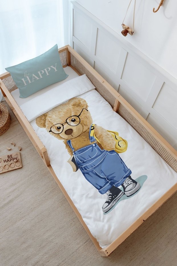 Single Duvet Cover and Fitted Sheet Set - Pure Baby Series - Teddy Bear with Strap