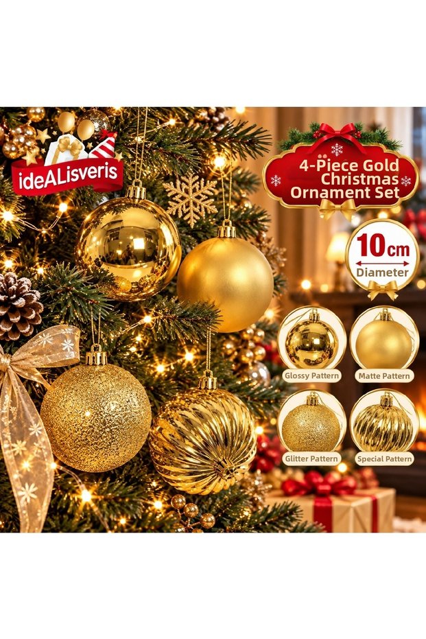 Christmas Tree Ornament Gold Gold Ball Set of 4 10 cm Different Patterned Pine Tree Ornament Luxury Gold Patterned Tree Decoration Ball
