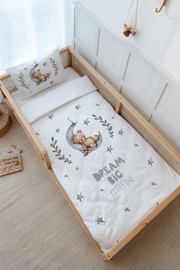 Single Duvet Cover and Fitted Sheet Set - for Baby Series - Bear Sleeping on the Moon