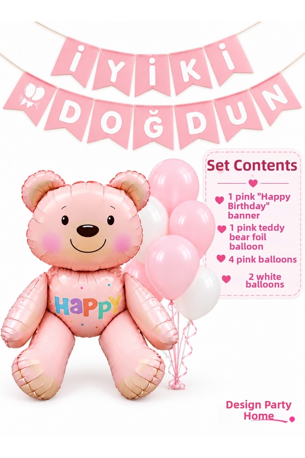Pink Teddy Bear Birthday Decoration Set – Happy Birthday Banner and 7 Balloons