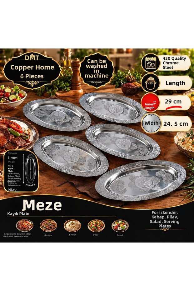 430 Quality Chrome Steel 6 Pcs Engraved Kayak Plate 35 cm – Alexander, Kebab, Pilaf and Salad Presentation Plate