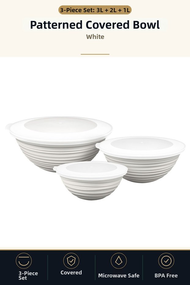 Patterned Bowl Set with Lid 3-Piece 3 L 2 L 1 L Preparation and Storage Bowl Microwave White