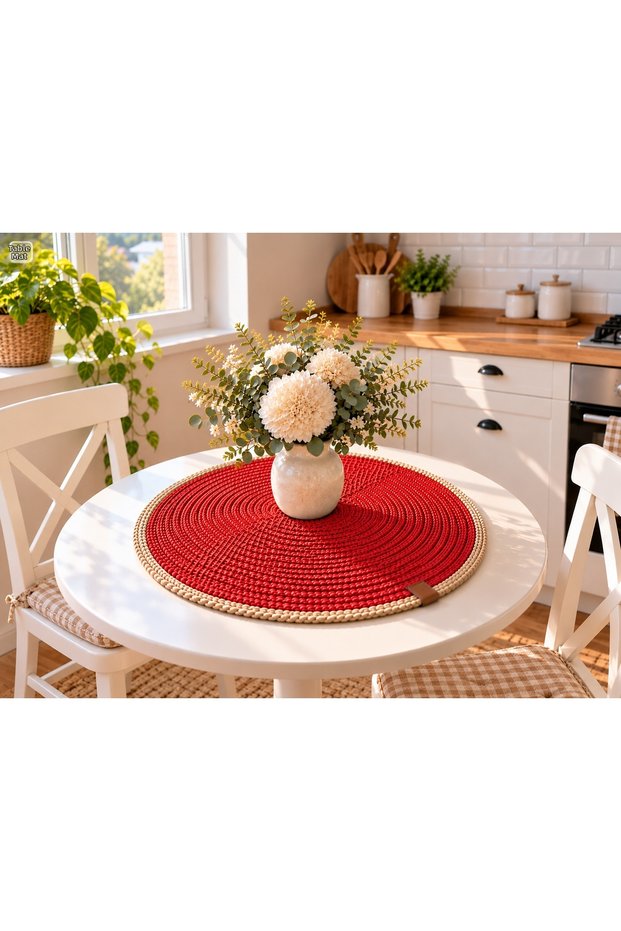 55X55 cm Handmade Straw-Look Woven Placemat, Round Jute Patterned American Placemat, Decorative Fiskos and Kitchen Table Cover