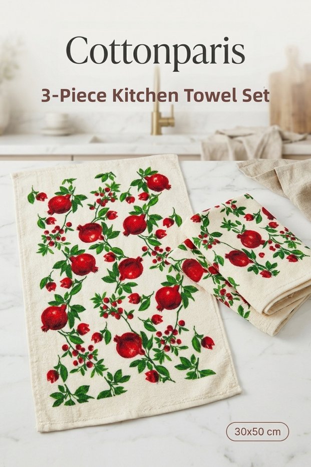3-Piece Kitchen Towel Set | Drying and Hand Towels | 100% Cotton and High Absorbency | 30X50 cm