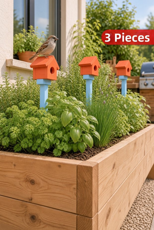 3 Pcs Decorative Wooden Bird Nest Bird House with Ground Stakes Flower Pot Balcony and Garden Ornament Orange and Blue 52cm