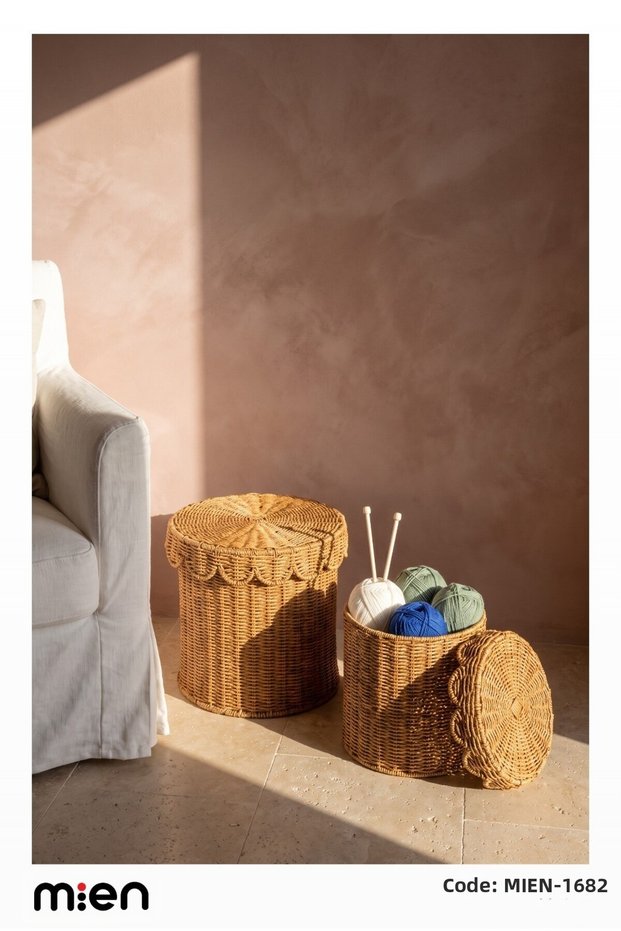 Multi-Purpose 2-Piece Rattan Basket with Floral Cover (28Cmx30Cm) - (24Cm-22Cm)