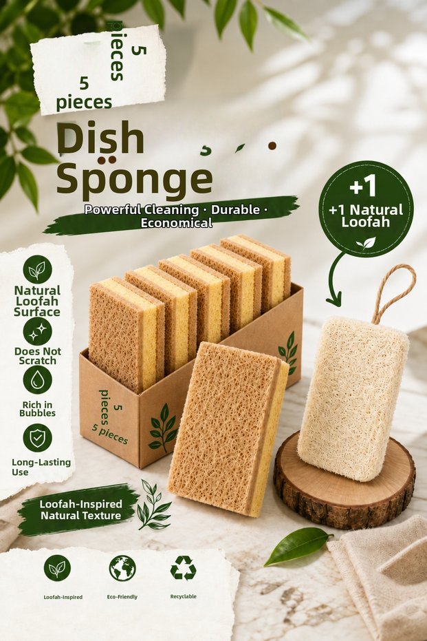 5Pcs Vegetable Fiber Dish Sponge + Pumpkin Fiber Gift