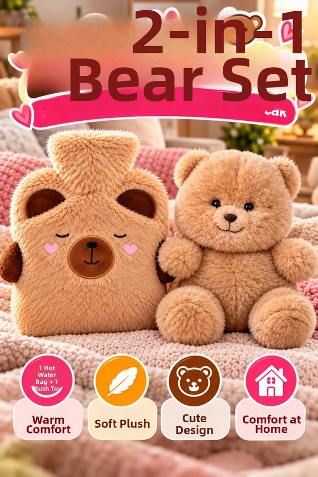 Set of 2 Teddy Bear Plush Hot Water Bag and 26 cm Plush Toy Brown Double Set with Soft Cover
