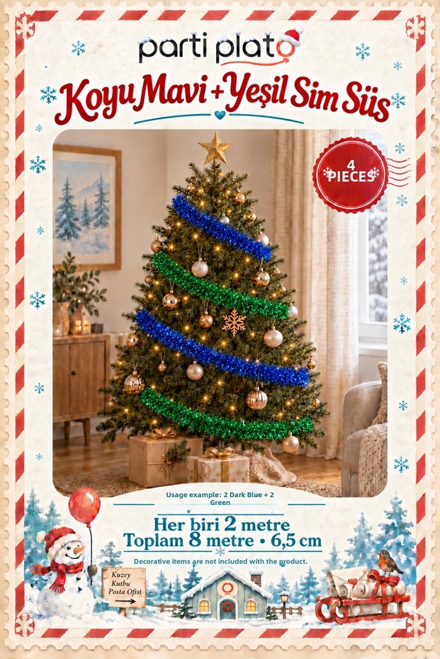 Dark Blue and Green Glitter Ornament 4 Pieces 2 Meters Total 8 m 6.5 cm Christmas Tree Decoration