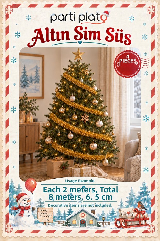 Gold Glitter Ornament 4 Pieces 2 Meters Total 8 m 6.5 cm Christmas Tree Decoration