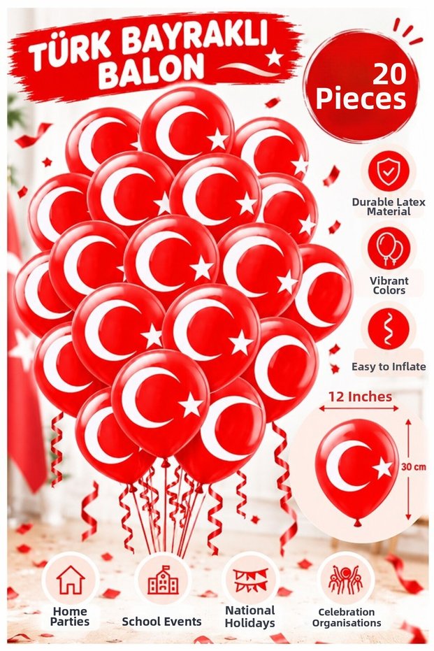 Turkish Flag Balloon 20 Pieces Moon Star Balloon Decoration October 29 April 23 Red White Balloon Flag Balloon Eid