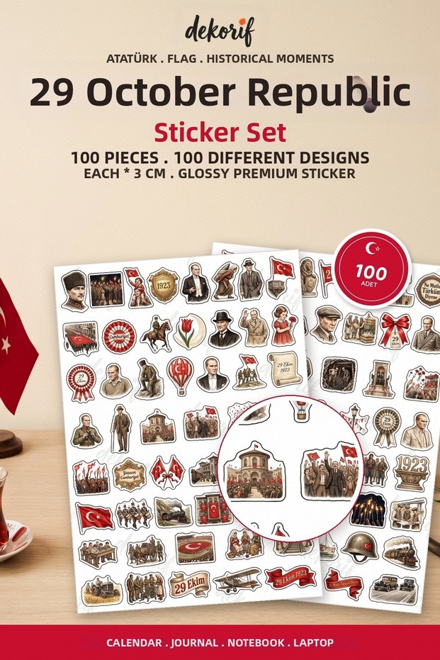 Ataturk Sticker Set 100 Pieces - 29 October Republic Day Turkish Flag Vintage Agenda Sticker