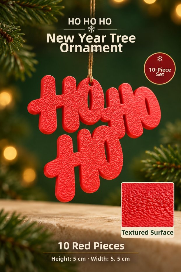 Set of 10 Ho Ho Ho Christmas Tree Ornaments Red Textured New Year Christmas Decoration