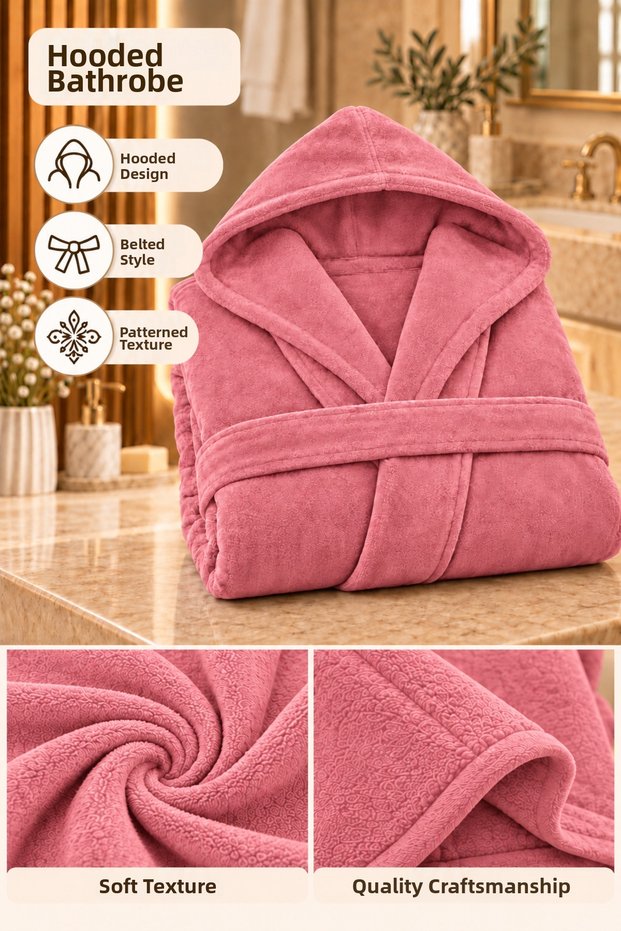 Hooded Unisex Rashell Bathrobe with Pockets, Soft Textured