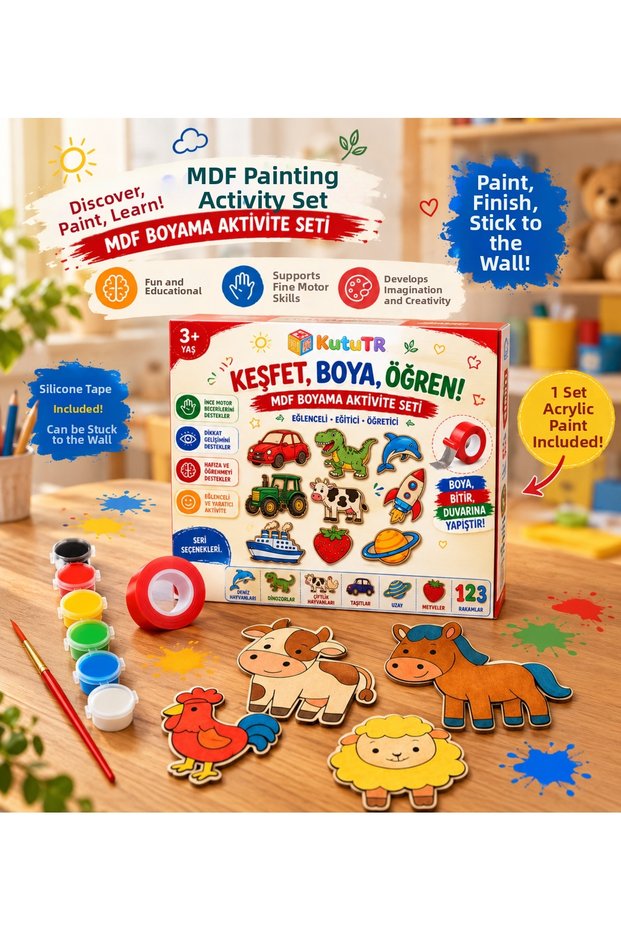 Wooden Painting Set Farm Animals 10 Pieces Mdf Figures Acrylic Paint and Brush Ages 3+