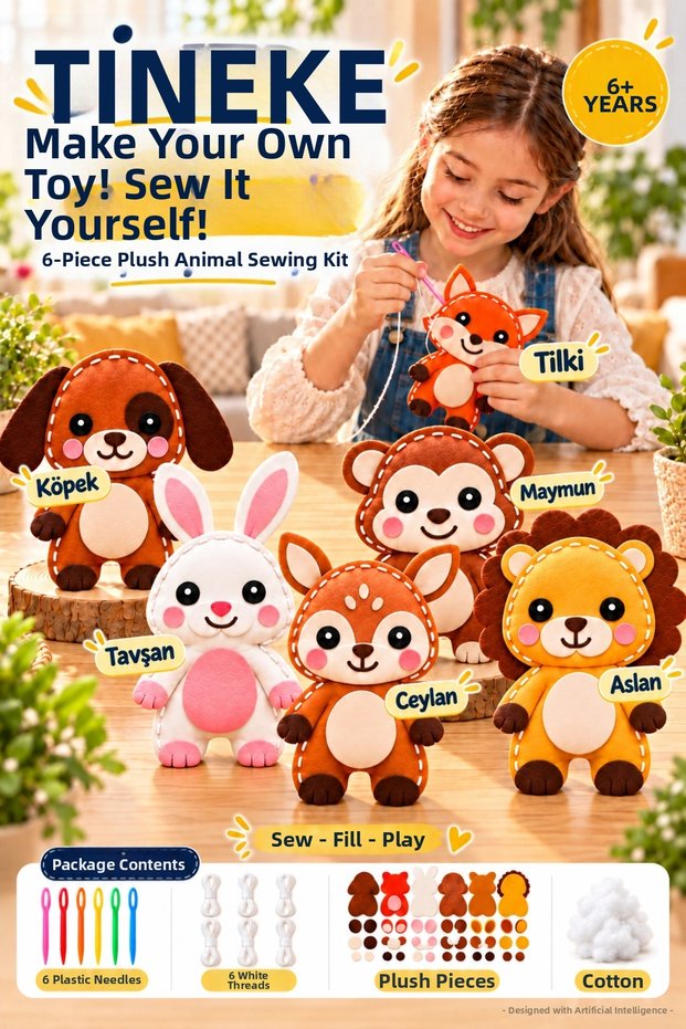 6-Piece Felt Animal Sewing Set DIY Toy and Craft Activity Set for Children Aged 6 and Above Go-1