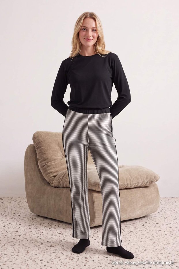 Black 100% Cotton Striped Knitted Pajama Bottoms with Piping Detail Thmaw27Pj00012