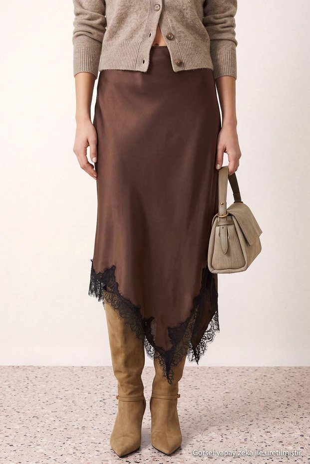 Dark Brown Asymmetric Cut Lace Detailed Woven Satin Midi Skirt Twoss26Et00030