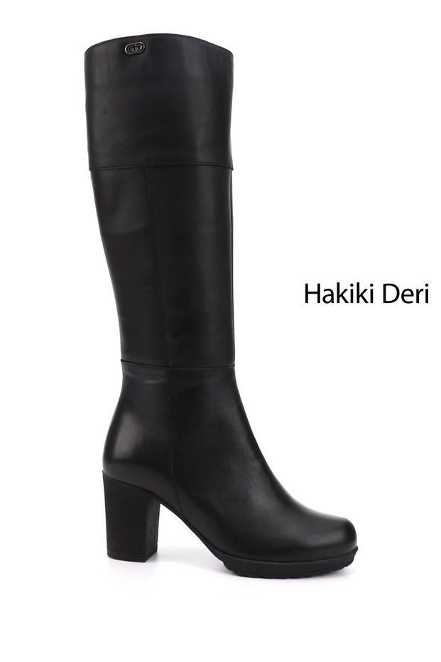 Women's Black Zippered Thick Heeled Genuine Leather Boots