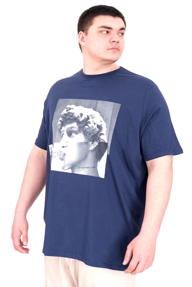 Mode XL Large Size Men's T-Shirt Crew Neck Statue U25027 Indigo