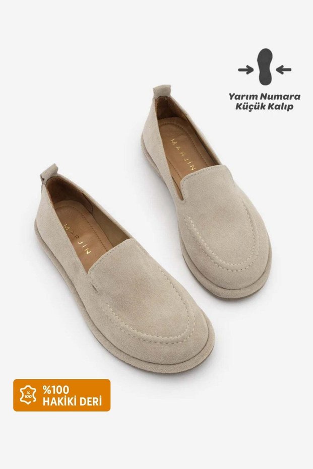 Women's Genuine Leather Loafer with Masculine Stitching Detail Casual Shoes Zinley Beige Suede